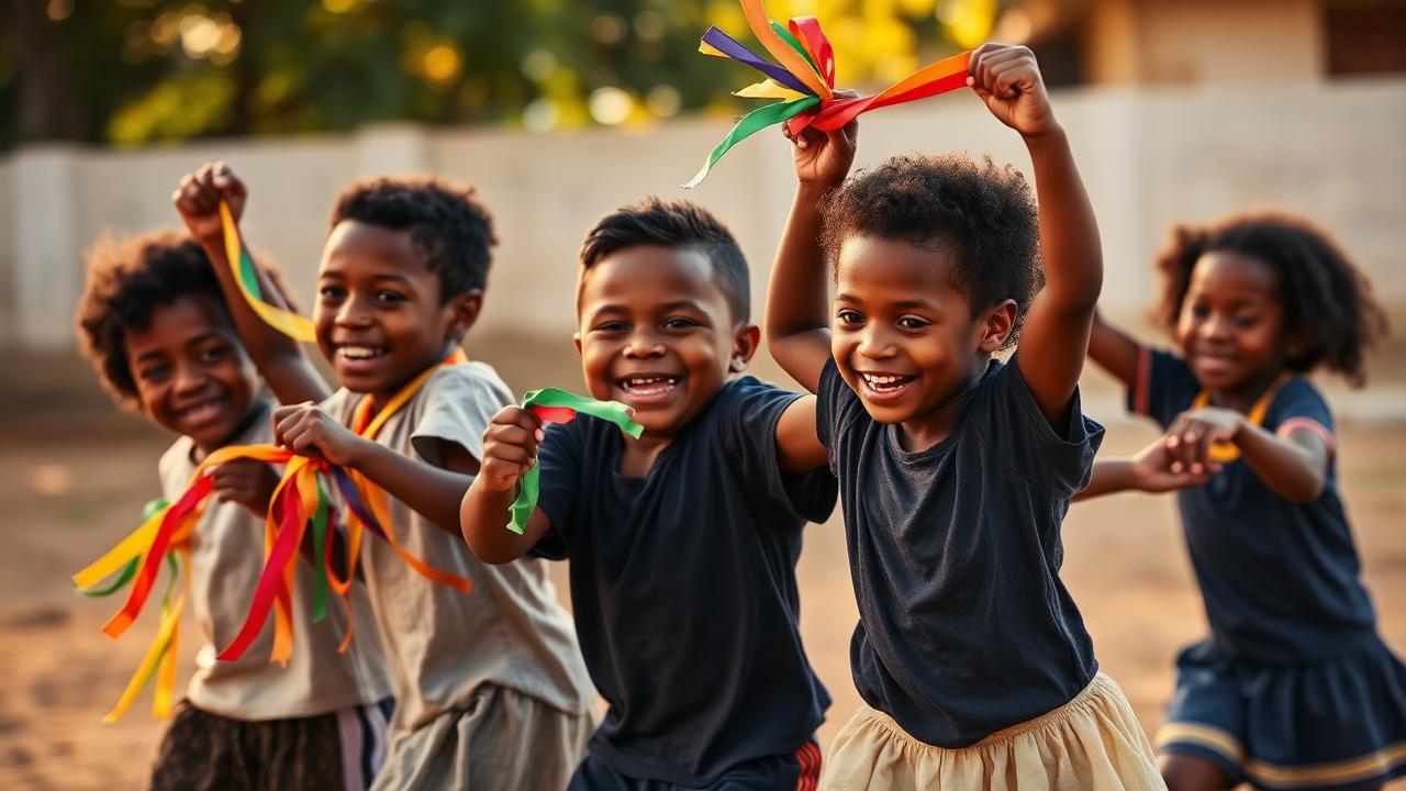 Crianças negras brincando com fitas coloridas em luz dourada — cena de educação antirracista