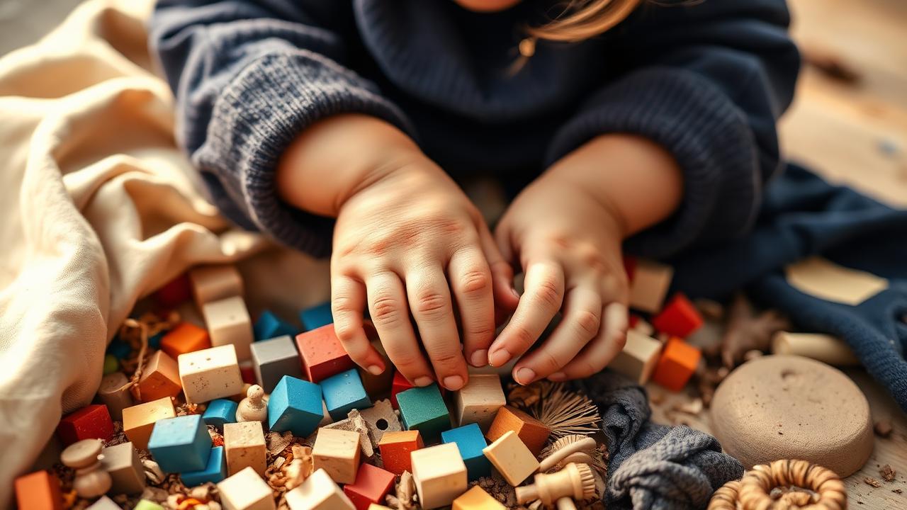 Mãos infantis construindo livremente com blocos coloridos e materiais naturais — laboratório criativo