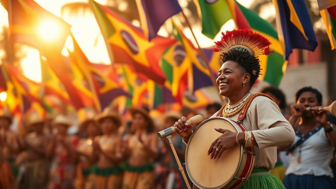 Cena festiva da cultura popular brasileira com bandeirinhas e tambor — luz dourada de fim de tarde