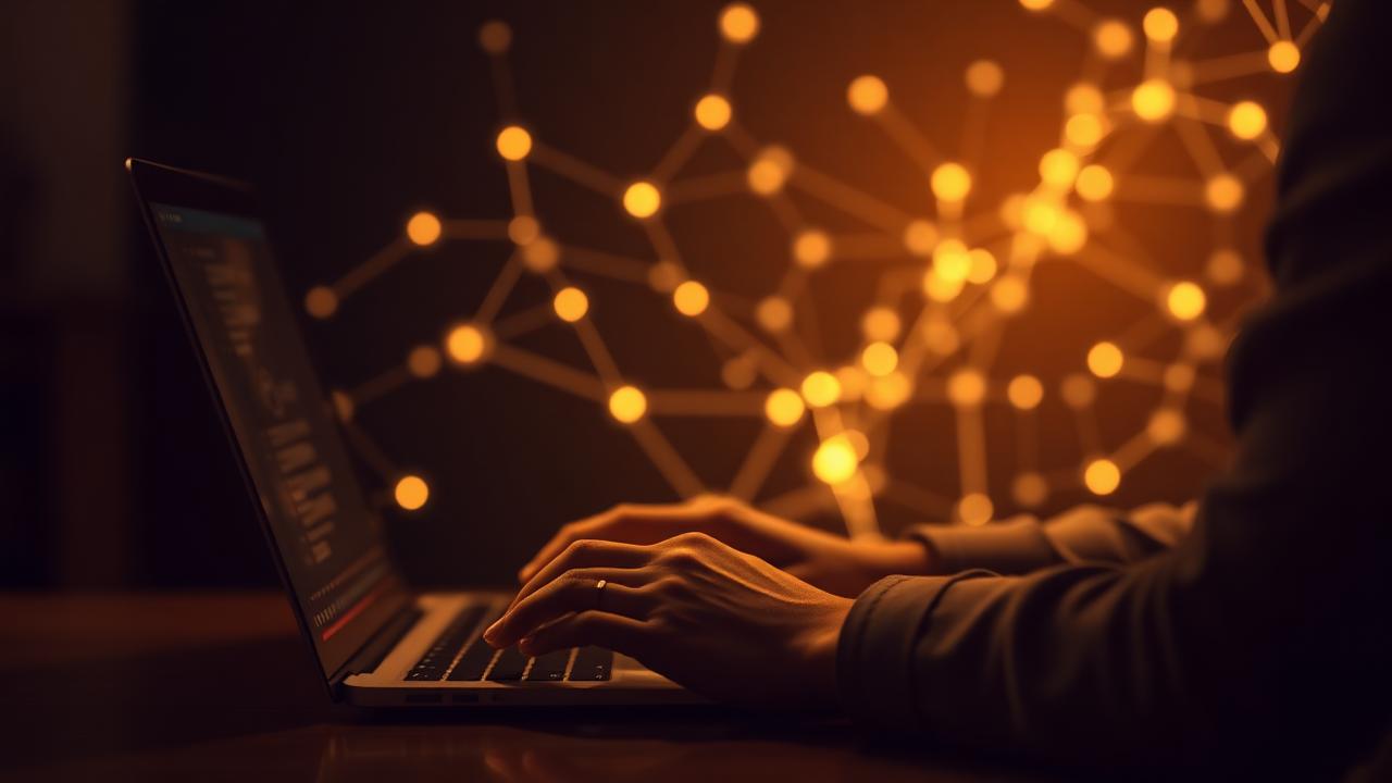 Mãos digitando em um notebook com luzes formando uma rede neural ao fundo — IA na educação