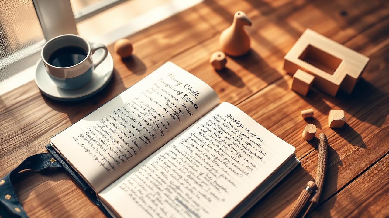 Caderno aberto com anotações pedagógicas, café e brinquedos de madeira sobre uma mesa — planejamento educacional