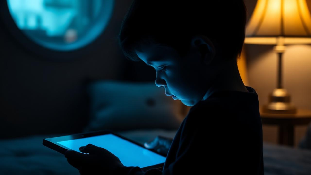 Criança em silhueta diante do brilho azul de um tablet em ambiente noturno — reflexão sobre telas na infância